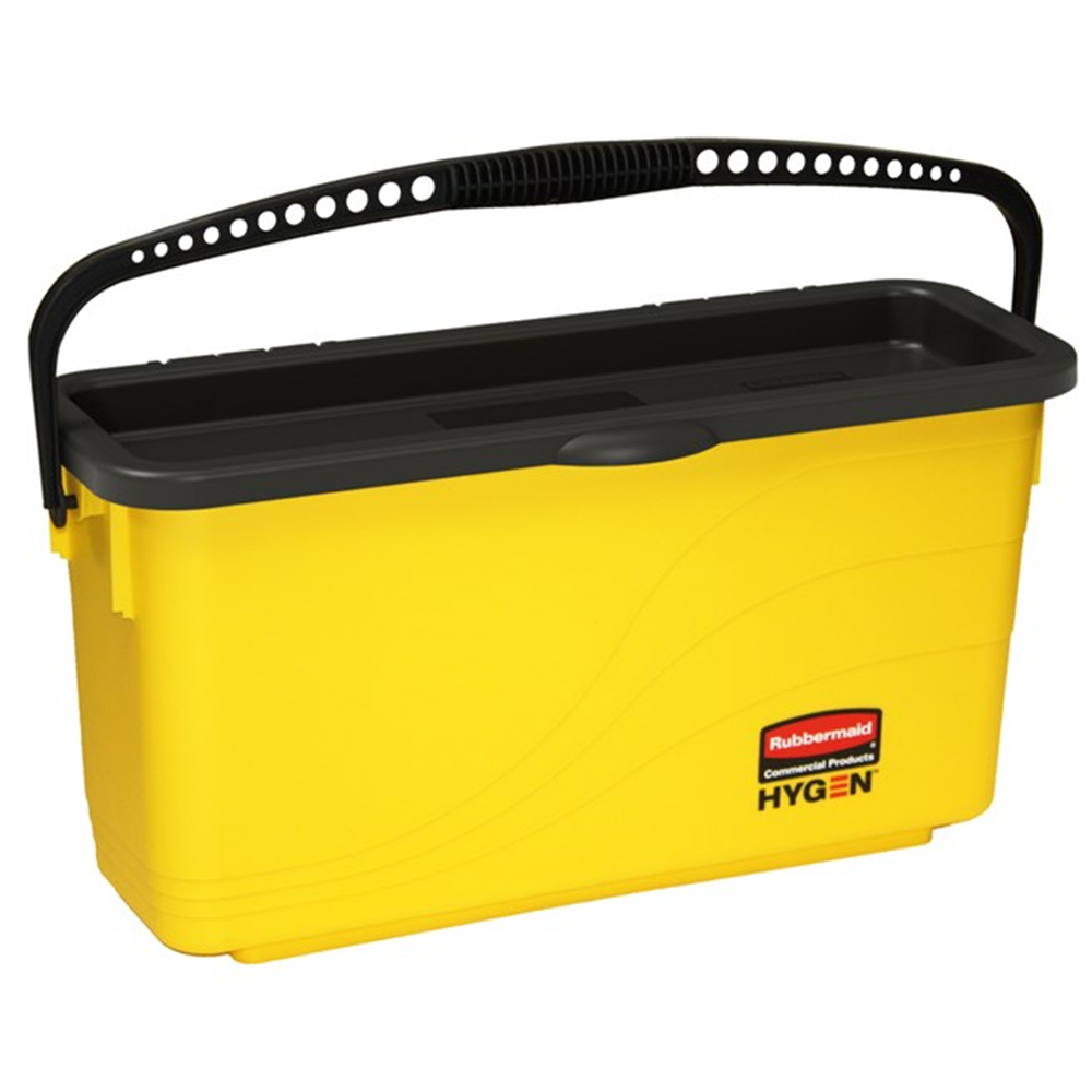 A yellow rectangular cleaning bucket with a black lid and a perforated black handle. HYGEN™ Yellow Microfiber Charging Bucket (23.8 in. x 9.5 in. x 13.6 in., 3/Case)